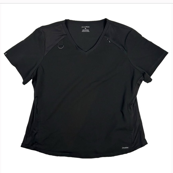 Jaanuu •  V Neck Mesh Panel Scrub Top Zip Pockets D Ring Black - L - Picture 1 of 9